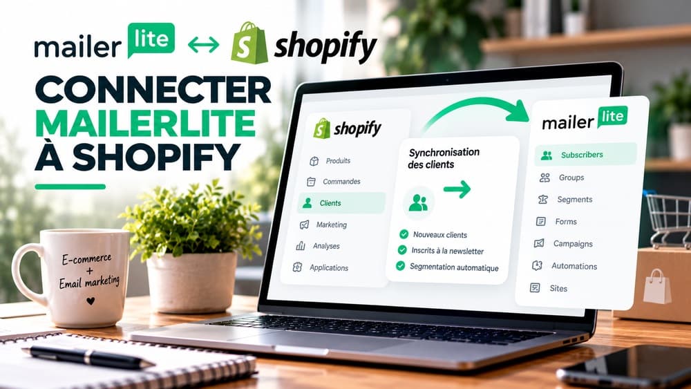 Illustration éditoriale de la connexion entre Shopify et MailerLite : synchronisation des clients consentants et newsletters, avec un schéma d’interface non contractuel