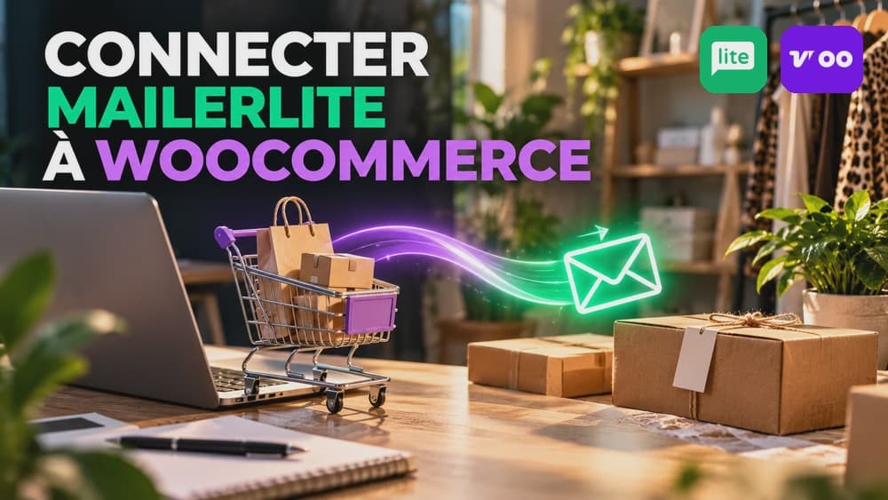 Connexion de MailerLite à WooCommerce illustrée par un panier de boutique, des commandes et un flux d’e-mails, avec les logos des deux logiciels