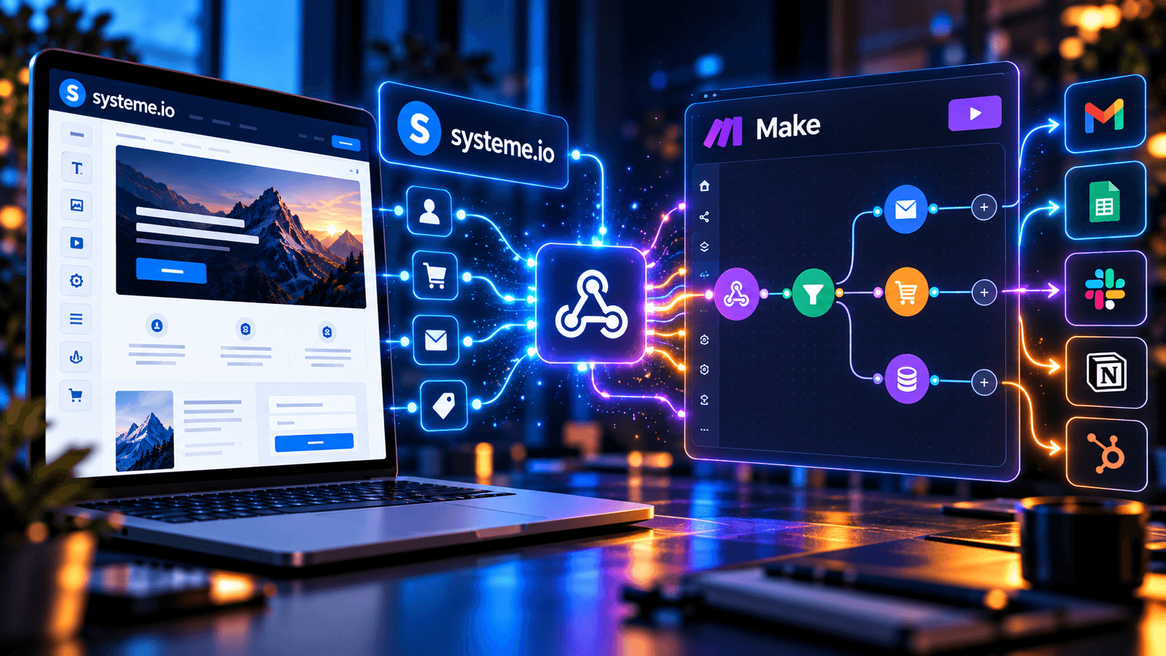 Illustration éditoriale d’un workflow reliant Systeme.io à Make par un webhook