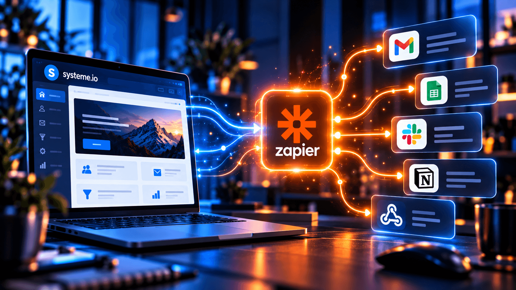 Workflow d’automatisation reliant Systeme.io à plusieurs applications externes via Zapier