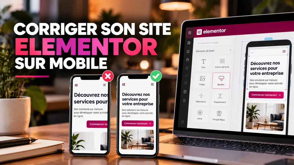 Correction de l'affichage d'un site Elementor sur mobile : avant et après sur deux smartphones, avec l'éditeur Elementor sur ordinateur