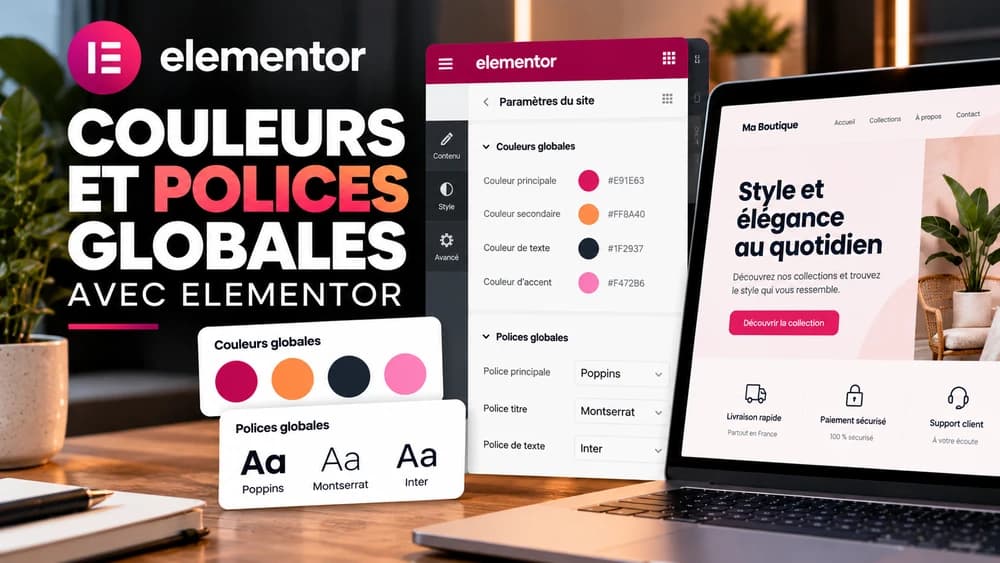 Couleurs et polices globales Elementor : palette de couleurs et typographies partagées, réglages du site et aperçu d’une page web
