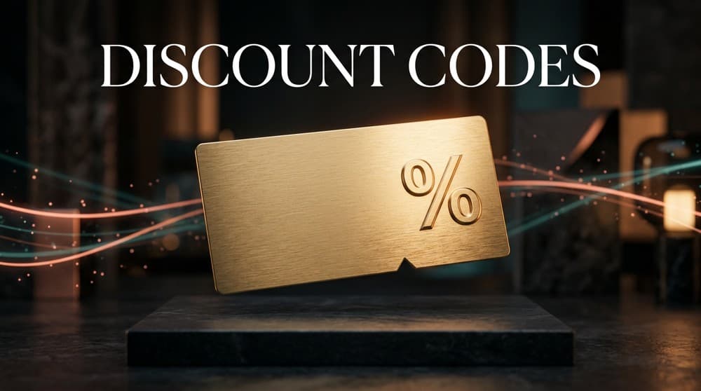 Golden discount voucher displaying an embossed percentage symbol