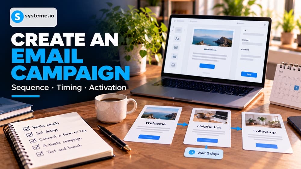 Systeme.io email campaign guide showing a welcome message, educational follow-up, campaign timing and an email editor workspace