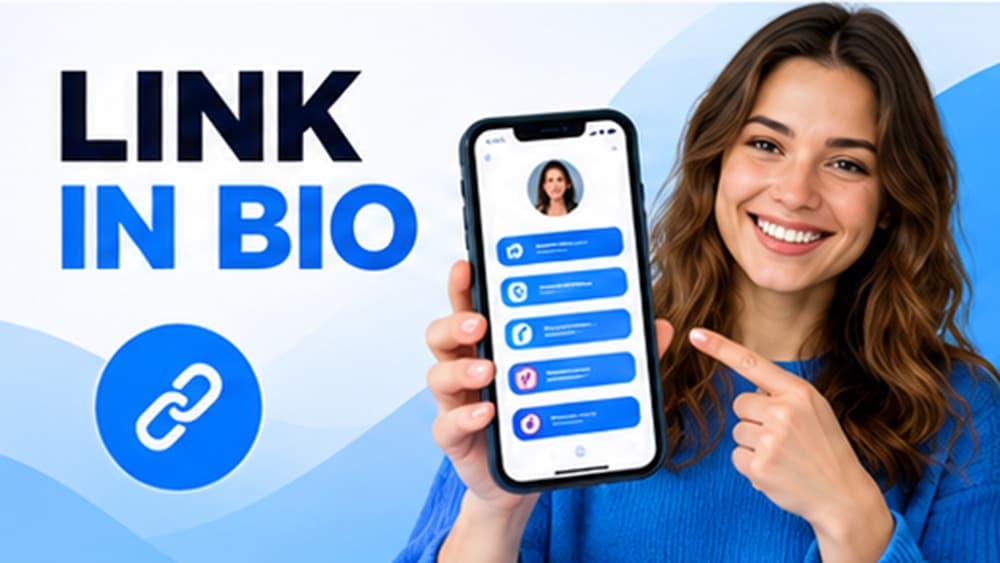 Link in Bio page shown on a smartphone with English headline and social link buttons