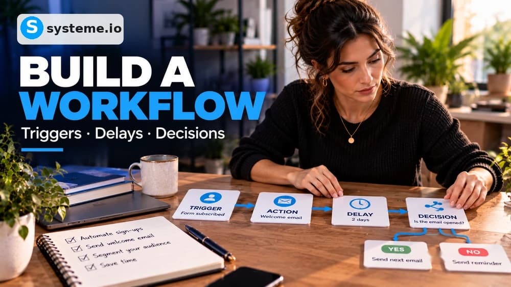 Systeme.io workflow tutorial illustration with a creator arranging trigger, action, two-day delay and yes or no decision cards