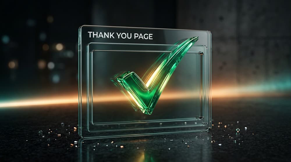 Glass thank-you page with a prominent glowing green checkmark