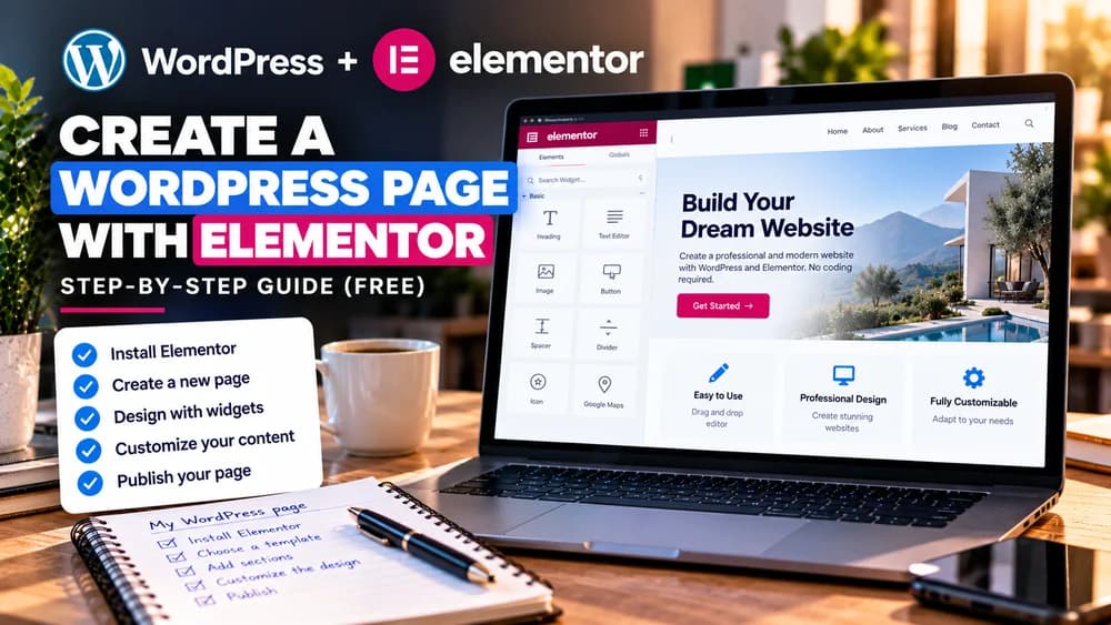 Create a WordPress page with free Elementor: widget panel, heading and button layout, publishing checklist and website preview