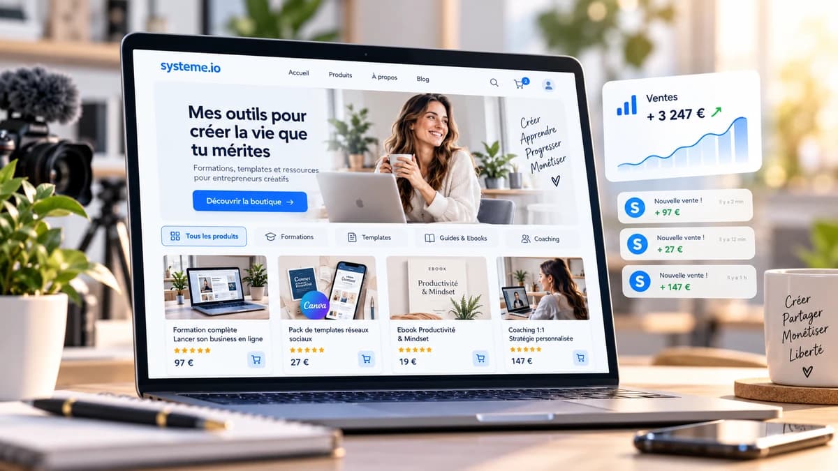 Vitrine numérique composée de plusieurs cartes produit reliées à une boutique Systeme.io