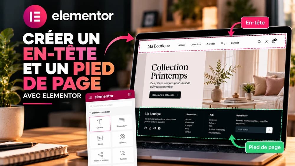 Création d’un en-tête et d’un pied de page WordPress avec Elementor, visualisés sur une page web en français