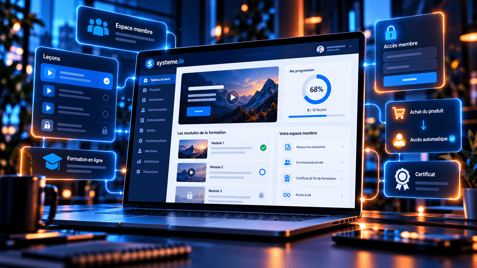 Espace membre moderne avec modules de formation et accès automatisé après paiement