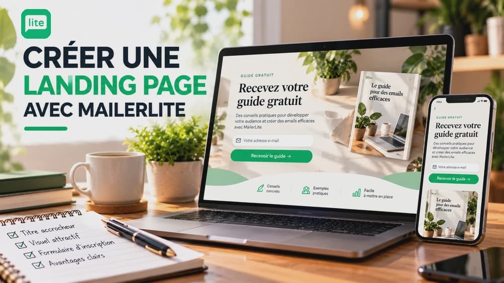 Illustration de création d’une landing page avec MailerLite : exemple de formulaire d’inscription pour télécharger un guide, affiché sur ordinateur et mobile