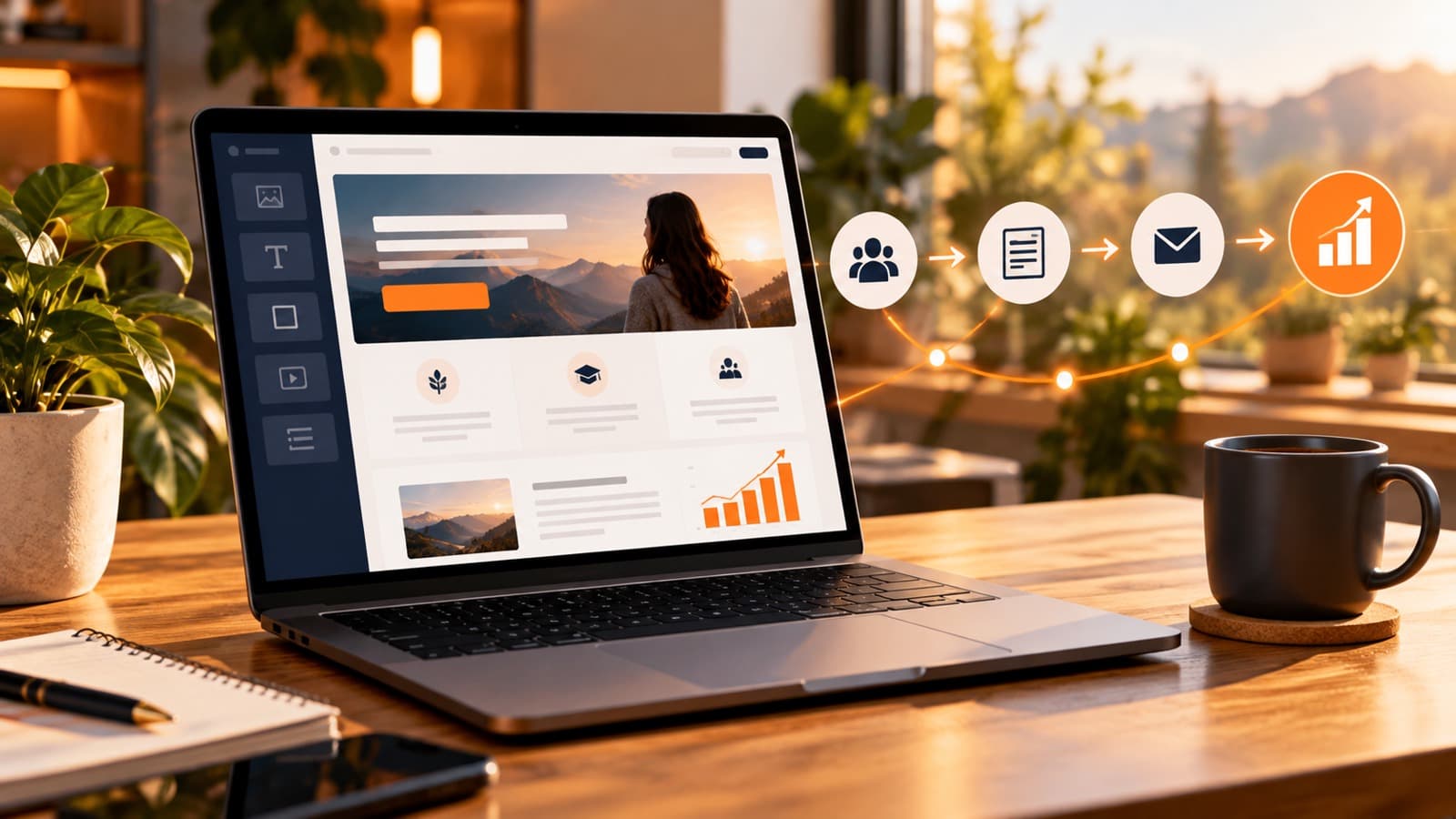 Ordinateur affichant une landing page reliée à un formulaire, un e-mail et une courbe de croissance