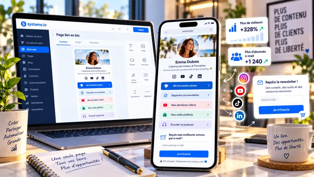 Smartphone affichant une page lien en bio avec profil, boutons et formulaire e-mail