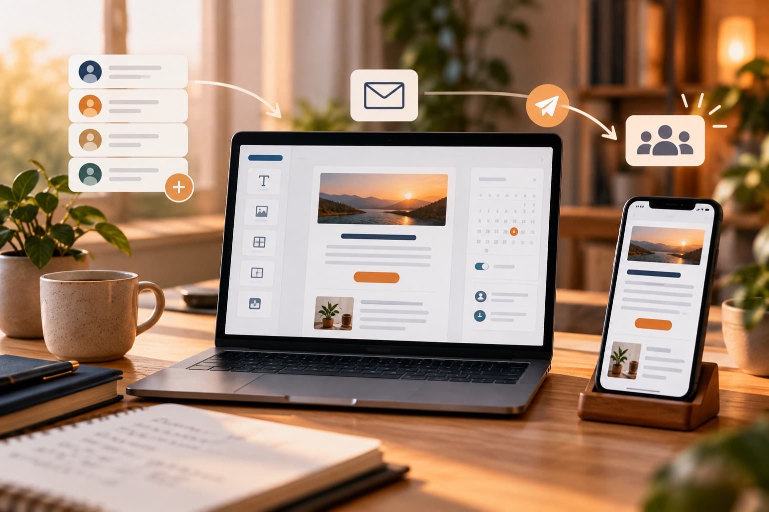 Ordinateur et smartphone affichant une newsletter reliée à une liste de contacts