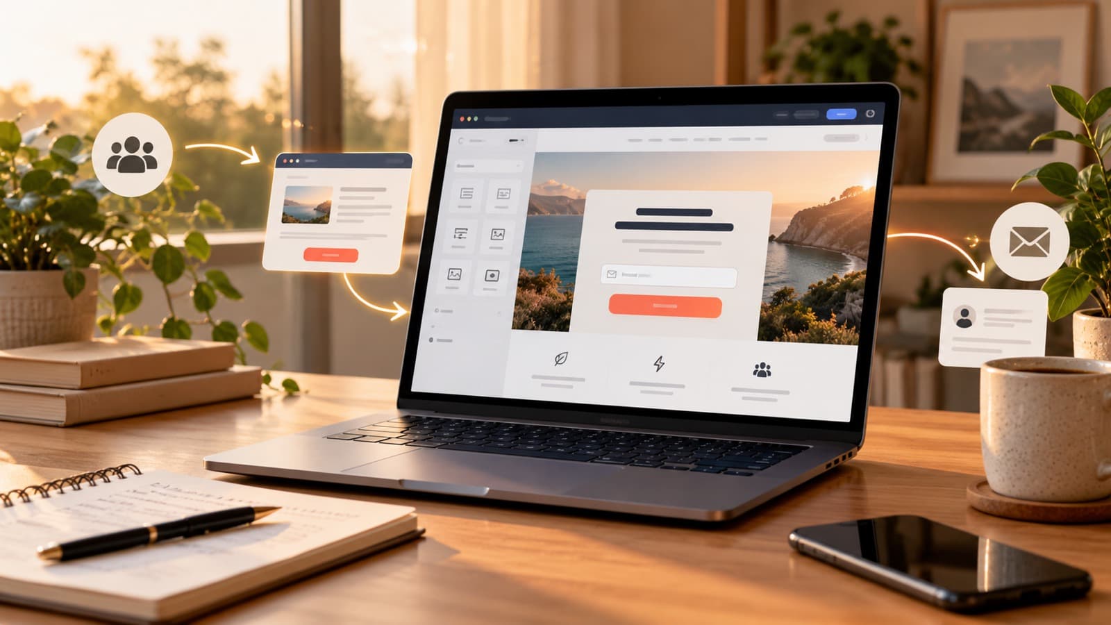 Ordinateur affichant une page de capture reliée à un formulaire et à une séquence e-mail