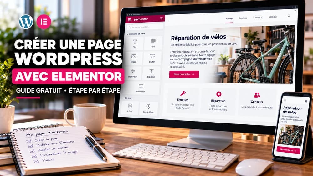 Créer une page WordPress avec Elementor gratuit : éditeur de page, titres, boutons, conteneurs et aperçu mobile d'un site de réparation de vélos