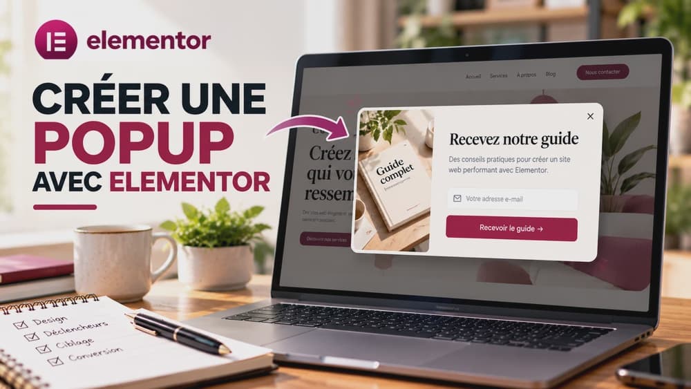 Illustration éditoriale d’une fenêtre popup créée avec Elementor : formulaire d’inscription et bouton de fermeture sur une page WordPress, sans capture réelle de l’éditeur