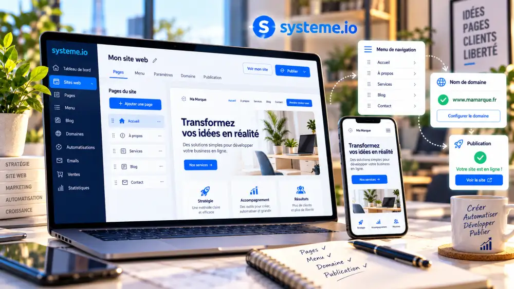 Interface de création d’un site web multi-page avec navigation et aperçu mobile
