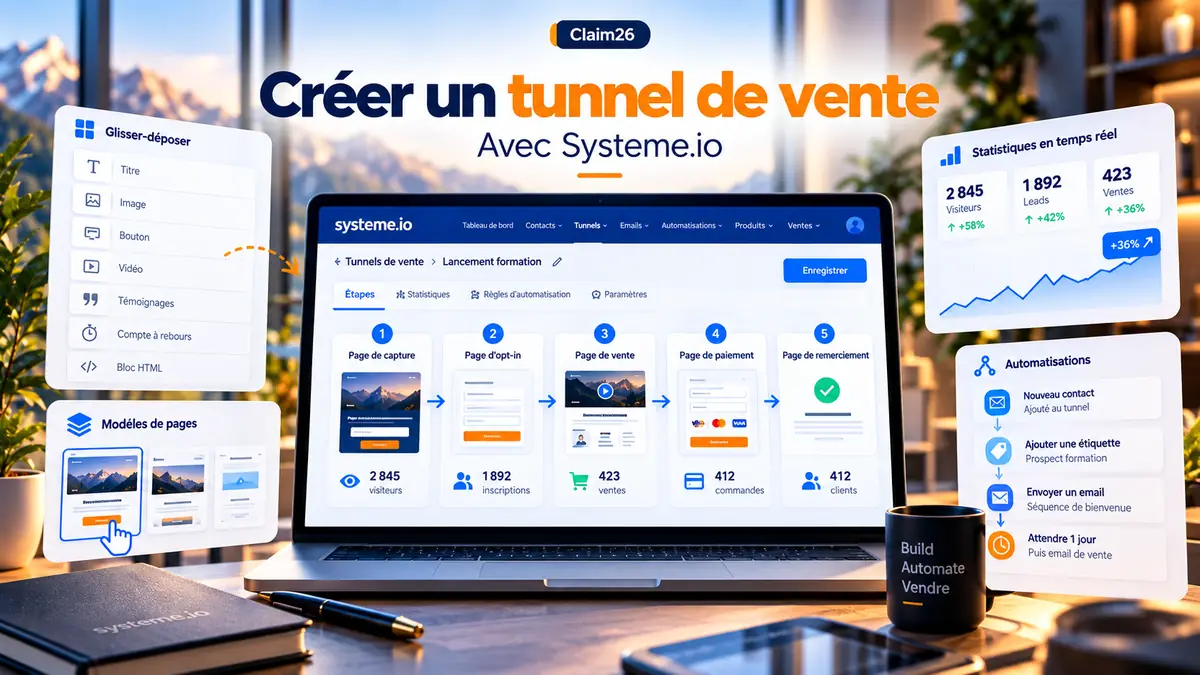 Parcours professionnel reliant page de vente, paiement et accès à une formation en ligne