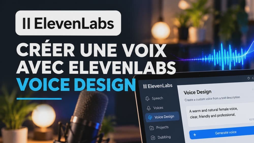 Illustration de la création d’une voix avec ElevenLabs Voice Design : description textuelle, génération vocale et onde sonore en studio