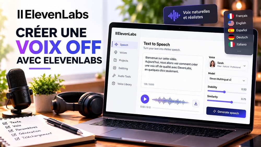 Illustration de création d’une voix off avec ElevenLabs : texte du script, choix d’une voix, réglages et écoute audio dans une interface de démonstration, sans capture réelle du logiciel