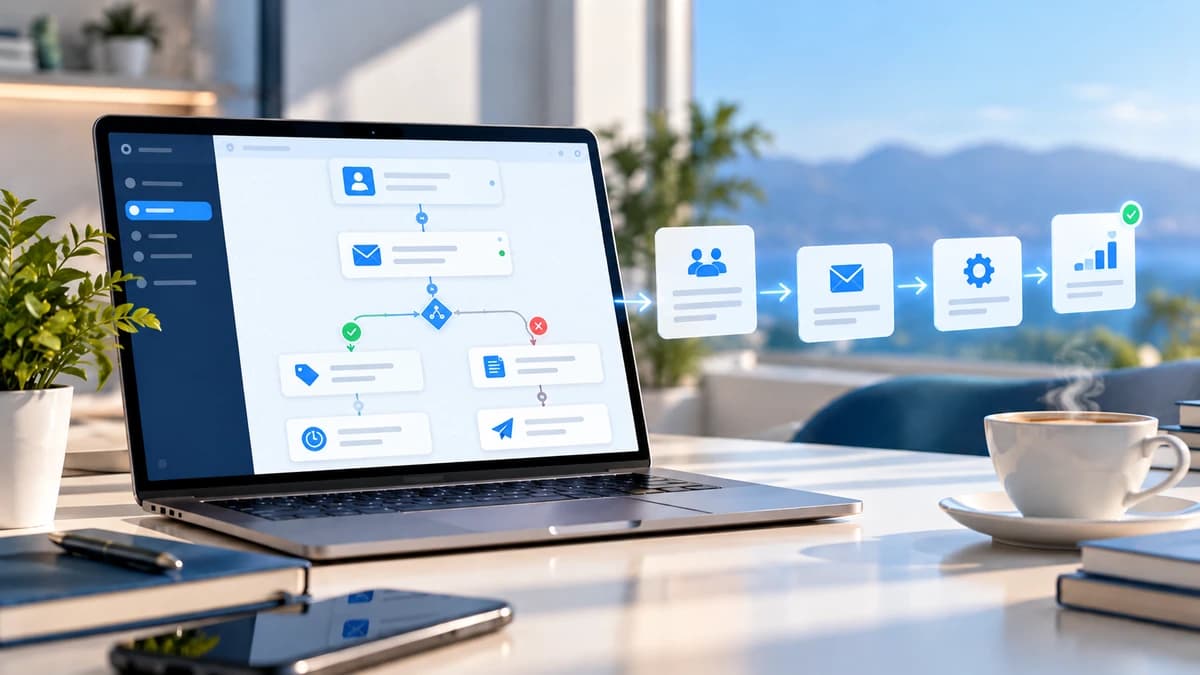 Workflow visuel avec déclencheur, délais, décisions et actions reliées dans Systeme.io