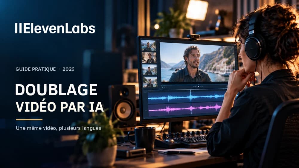Doublage vidéo par IA : logo officiel ElevenLabs, montage vidéo multilingue et deux pistes vocales dans un studio de postproduction