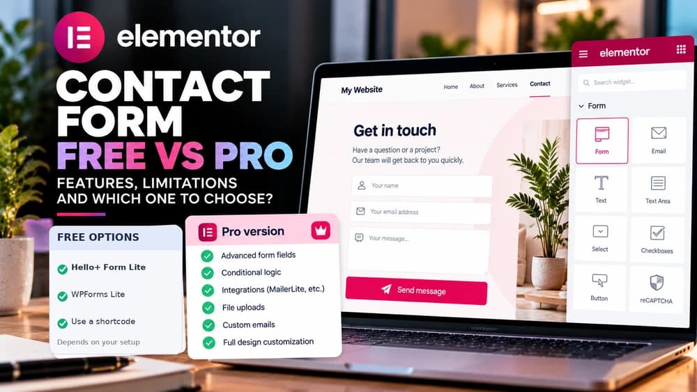 Elementor contact form guide: contact fields and Free alternatives (Hello+ Form Lite or WPForms Lite) compared with Elementor Pro