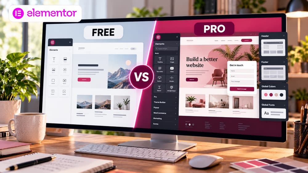 Illustrative Elementor Free vs Pro comparison: basic WordPress page builder on the left, additional form, theme and website design tools on the right