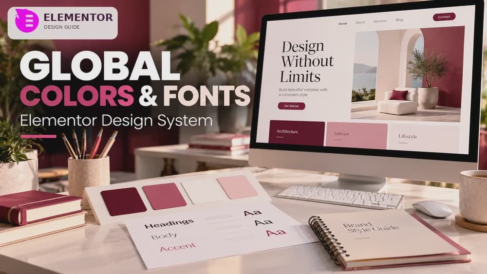 Elementor global colors and fonts design system with pink and burgundy palette, typography guide and website preview