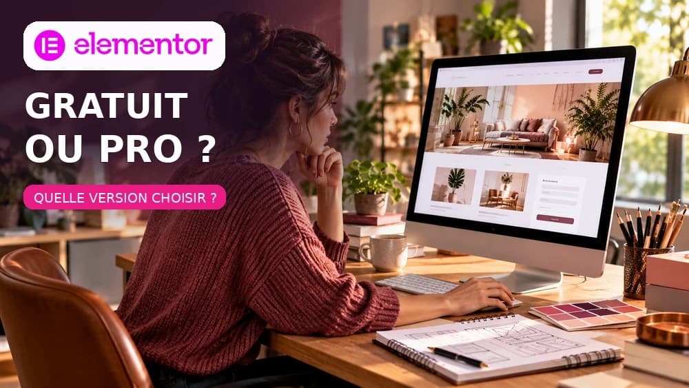 Créatrice de site WordPress devant une maquette de page web, couverture du comparatif Elementor gratuit ou Pro