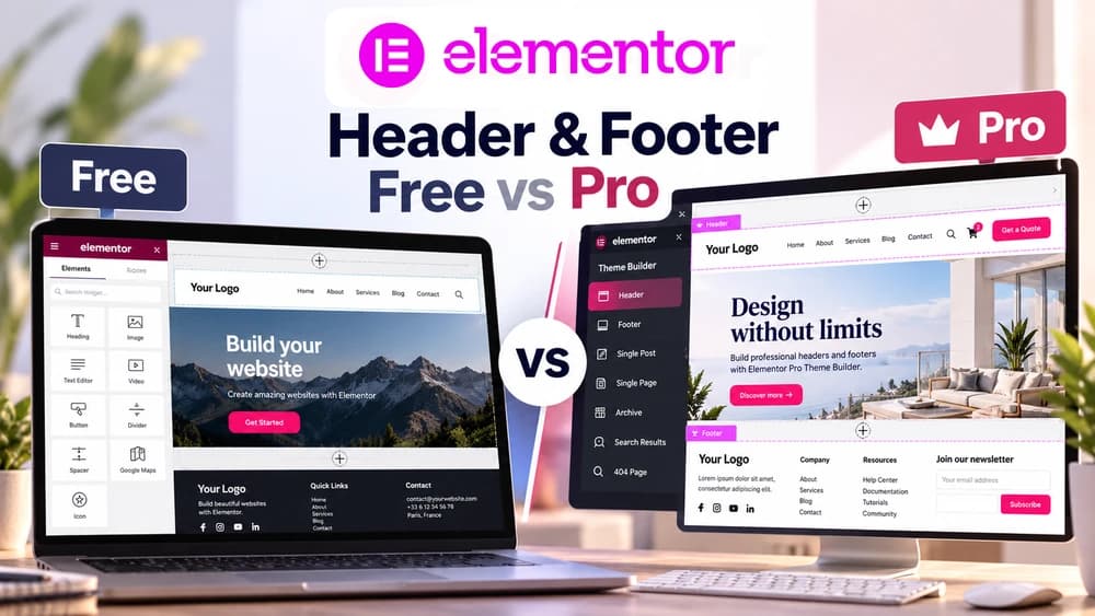Illustrated comparison of Elementor Free and Pro header and footer layouts, featuring Elementor Pro Theme Builder