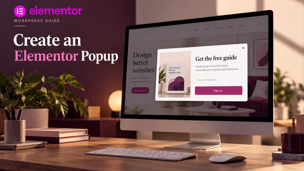 Illustrated Elementor popup creation guide with a newsletter signup dialog shown on a desktop website