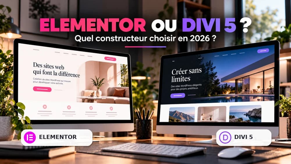 Comparatif Elementor ou Divi 5 : deux sites WordPress présentés côte à côte, avec logos Elementor et Divi