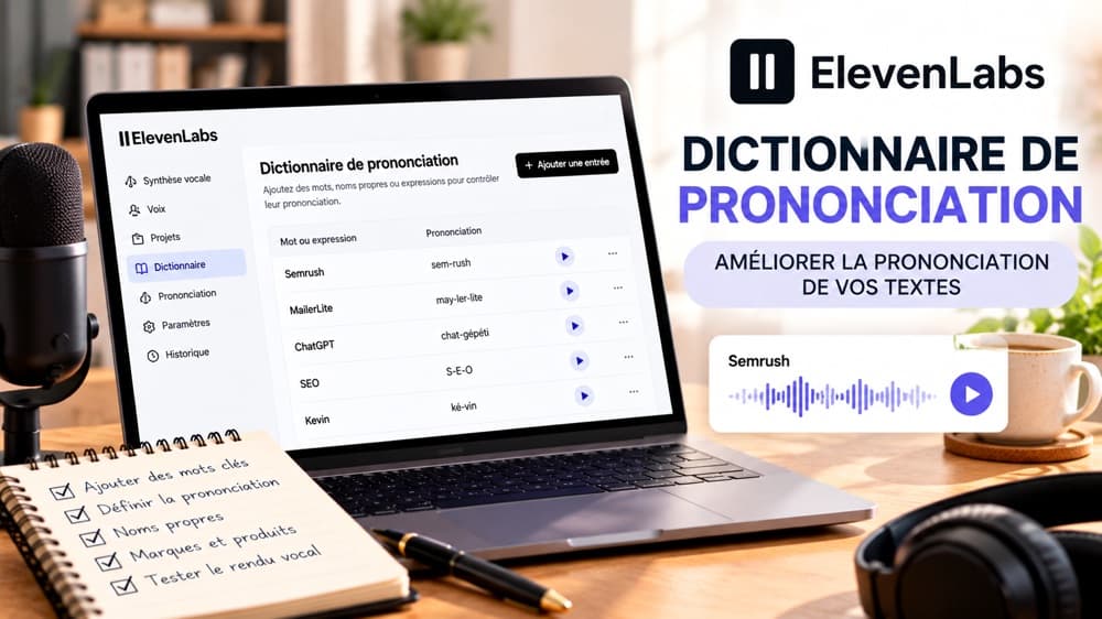 Illustration du dictionnaire de prononciation ElevenLabs : une interface de démonstration montre des mots et leurs prononciations, avec microphone et carnet de studio