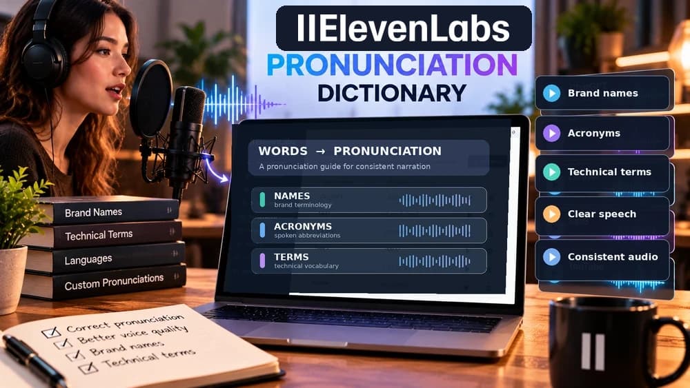 ElevenLabs pronunciation dictionary tutorial illustrated with a studio microphone, recurring names, acronyms and technical terms.