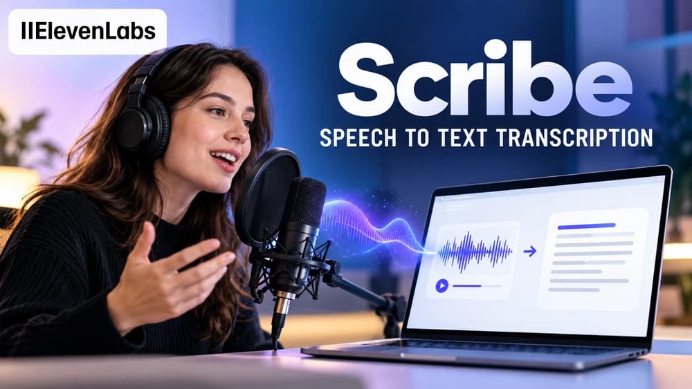 ElevenLabs Scribe transcription guide with an official ElevenLabs logo, studio microphone, audio waveform and transcript preview on a laptop