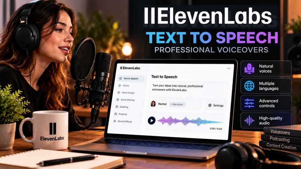 ElevenLabs text-to-speech voiceover guide with an audio studio, illustrative narration workflow, waveform preview and the ElevenLabs logo.