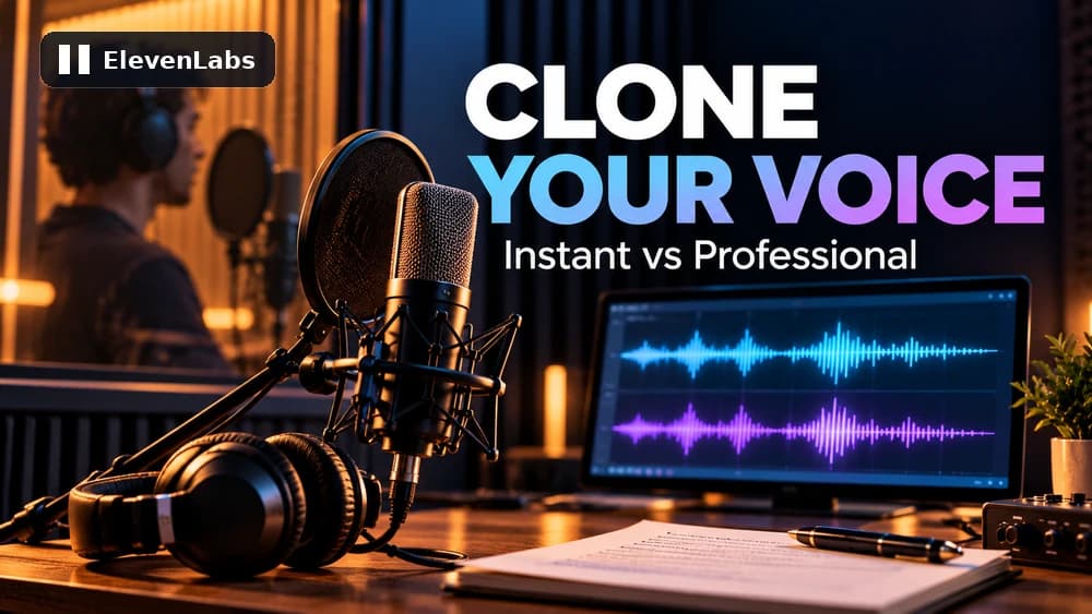 ElevenLabs Voice Cloning studio recording with a microphone, speaker and two illustrative audio waveforms, comparing Instant and Professional cloning.