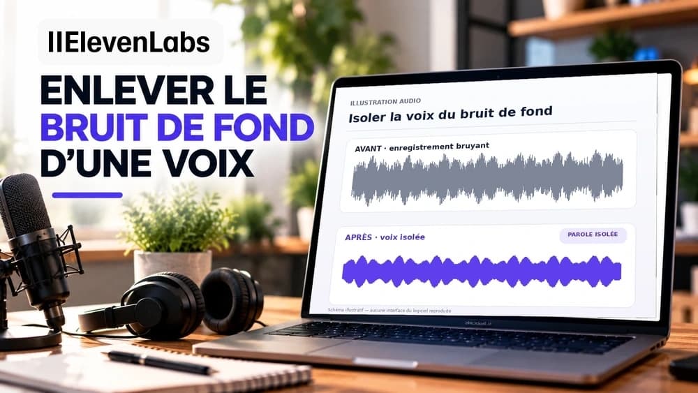 Illustration éditoriale ElevenLabs Voice Isolator : microphone de studio, enregistrement bruyant et comparaison schématique avant et après isolation de la voix, sans capture réelle du logiciel