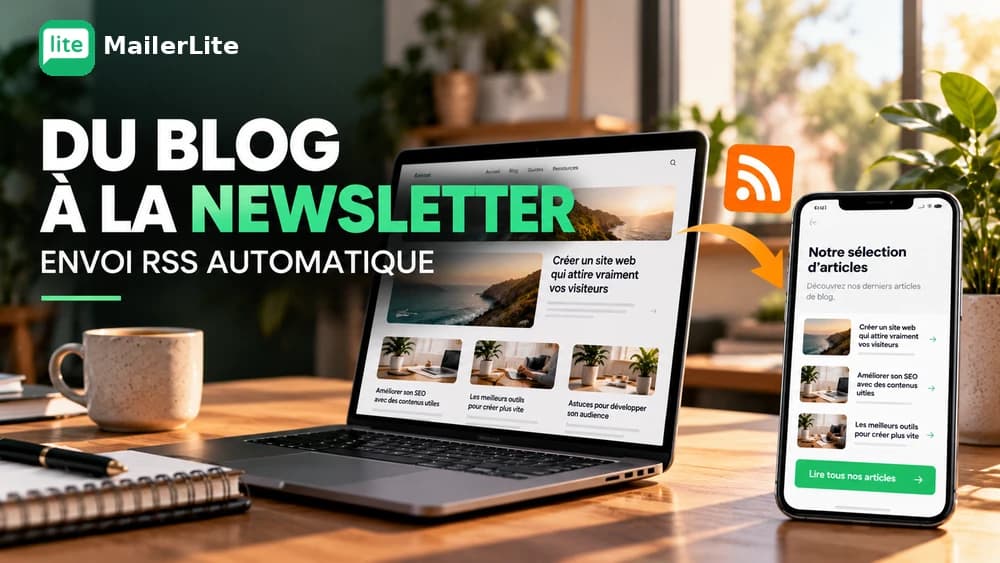 MailerLite RSS : articles de blog envoyés automatiquement dans une newsletter, illustrés sur ordinateur et smartphone