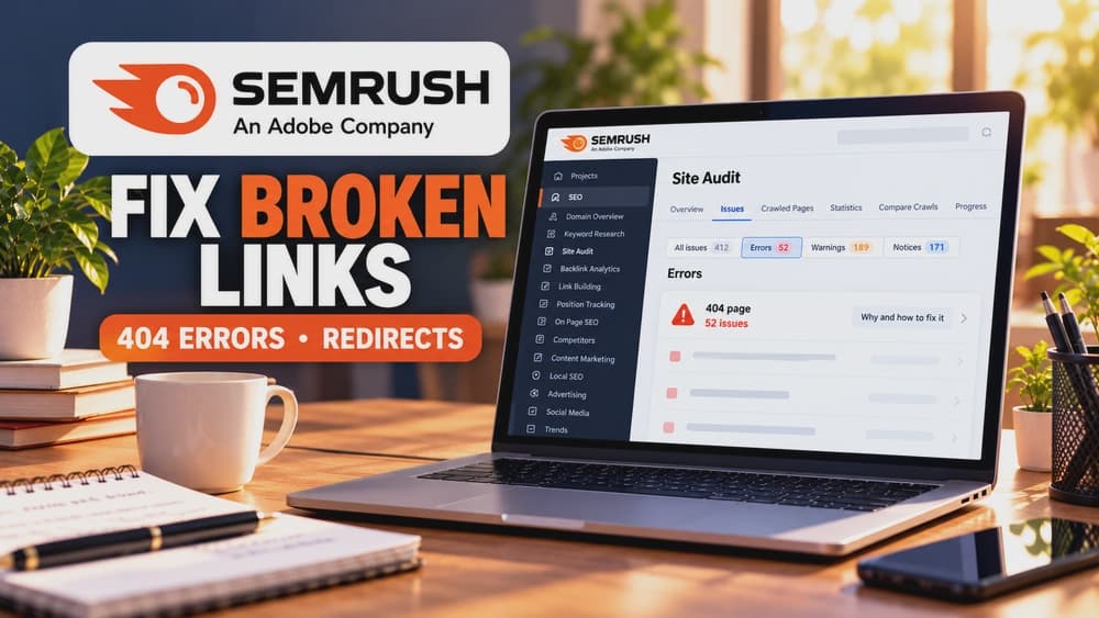 Semrush Site Audit tutorial cover showing broken link errors, 404 issues and redirect decisions
