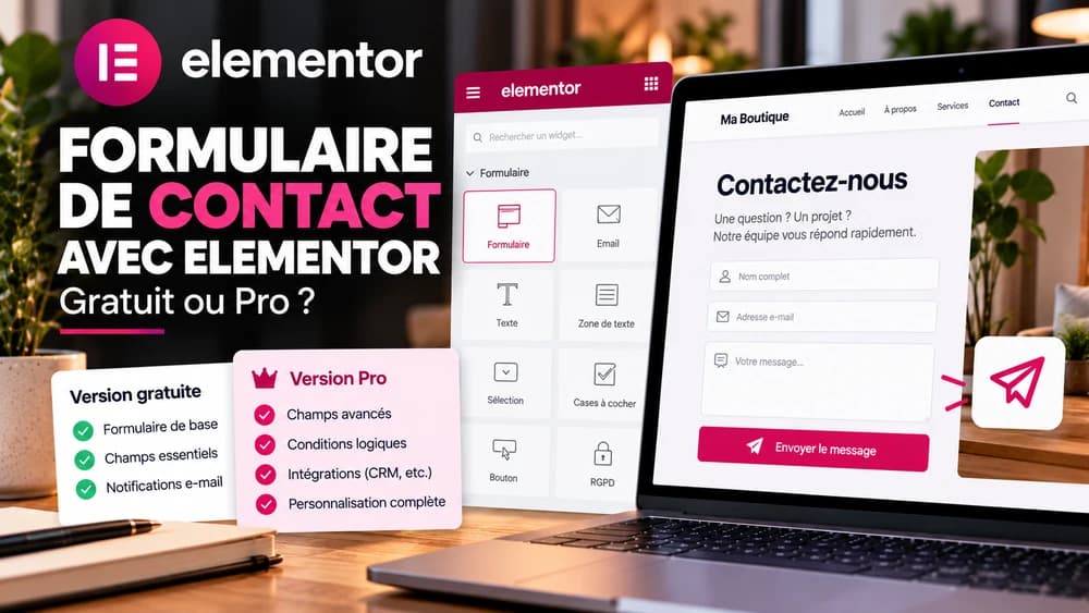 Formulaire de contact Elementor : exemple de champs nom, e-mail et message, avec comparaison des solutions gratuites et Pro