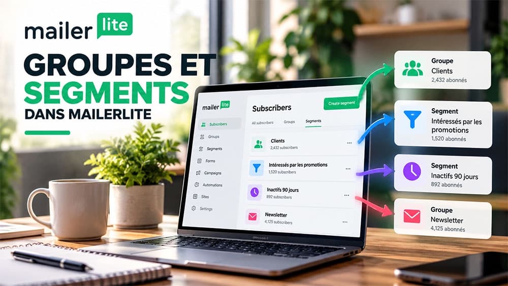 Illustration des groupes et segments MailerLite : contacts classés et ciblage par critères, avec exemples et effectifs fictifs