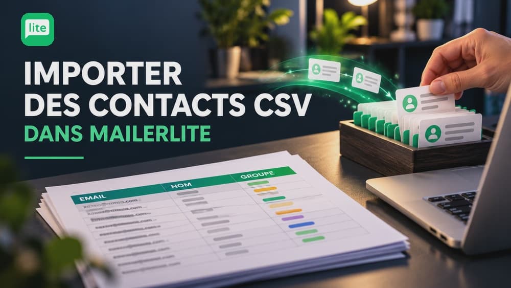 Importer des contacts CSV dans MailerLite : tableau Email, Nom et Groupe transformé en fiches d’abonnés classées.
