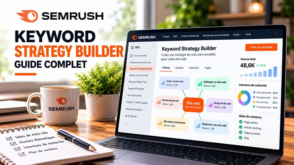 Illustration du Semrush Keyword Strategy Builder : plan éditorial regroupant mots-clés et pages piliers, avec volumes et données fictifs
