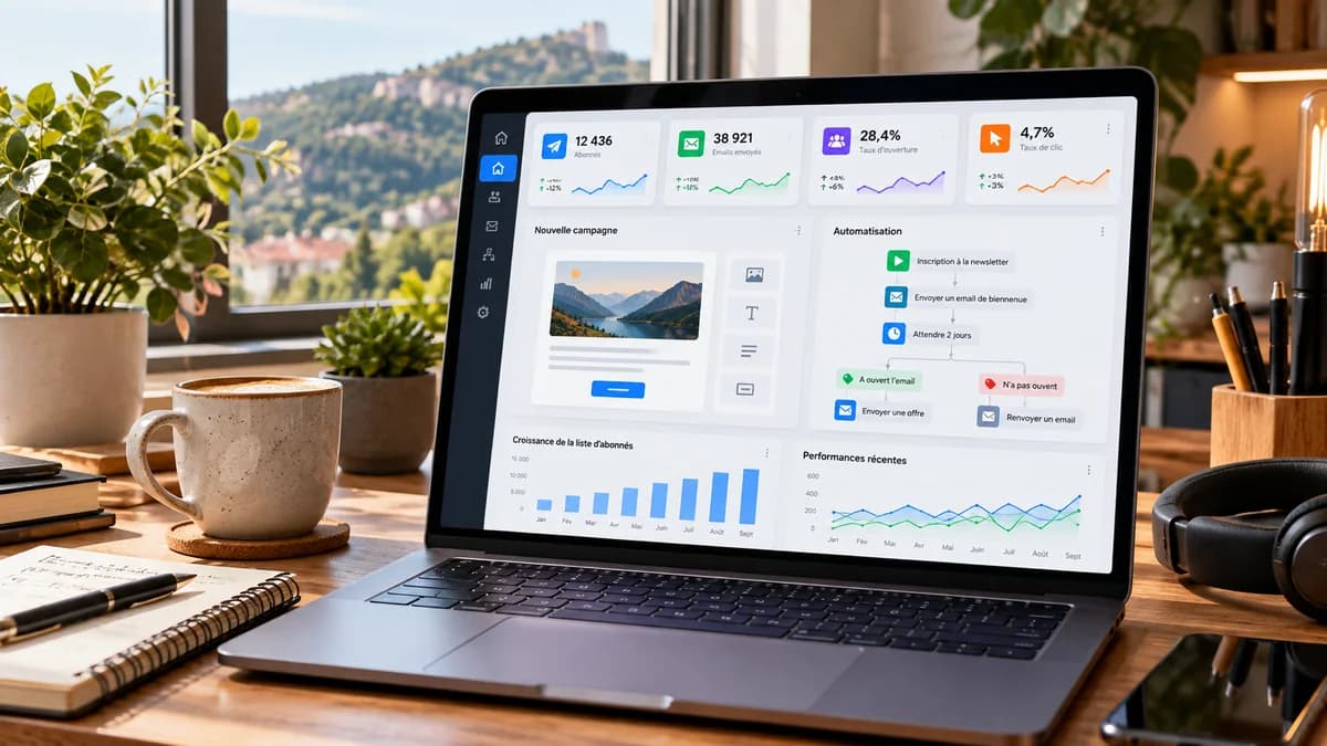 Tableau de bord professionnel de marketing par e-mail dans un bureau lumineux avec statistiques et automatisations
