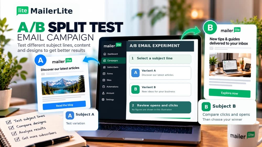 MailerLite A/B split testing: compare two newsletter subject-line variants and review opens and clicks before choosing a winner.