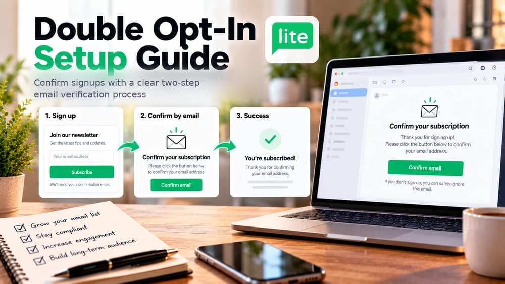 MailerLite double opt-in setup: newsletter signup form, confirmation email and successful subscription verification shown step by step.